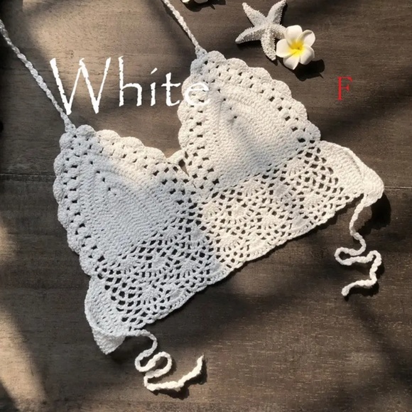 Crochet bikini crop top cream white open back halter sexy back tie - Picture 2 of 5
